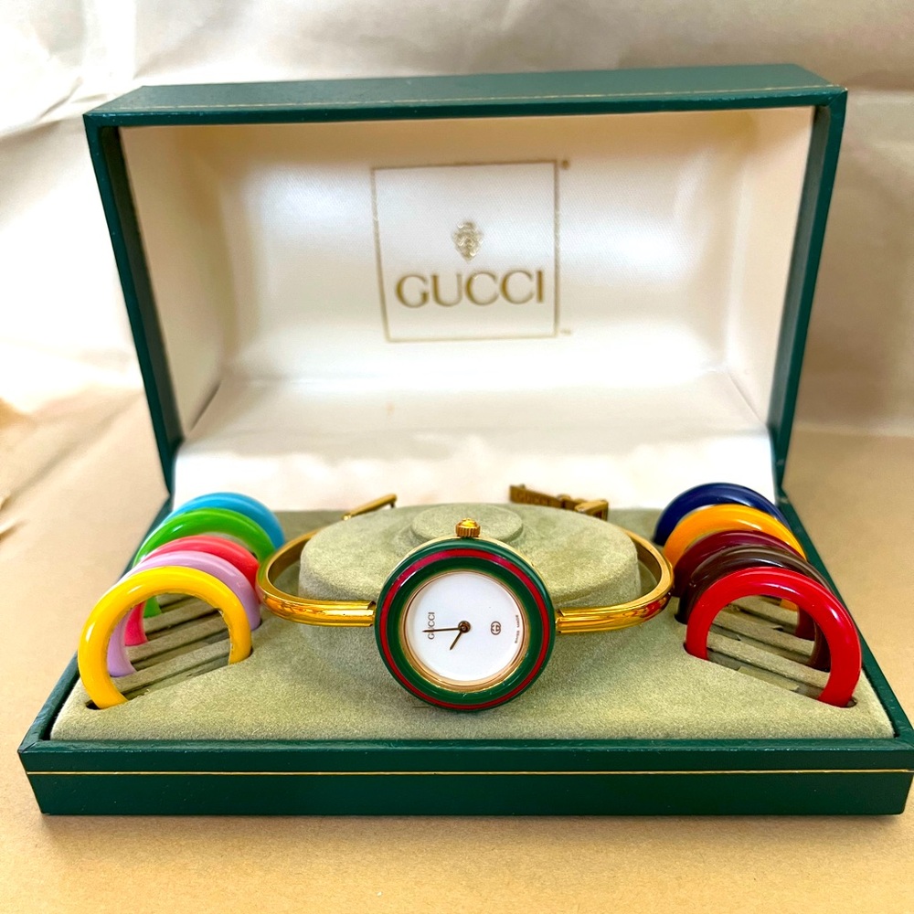 VINTAGE 14k Gold plated Statement GUCCI Bracelet Watch Interchangeable Bezels